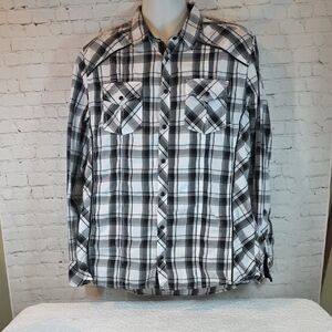 BKE Men's Pearl Snap Button Up Shirt Plaid Black Gray White Athletic Fit L